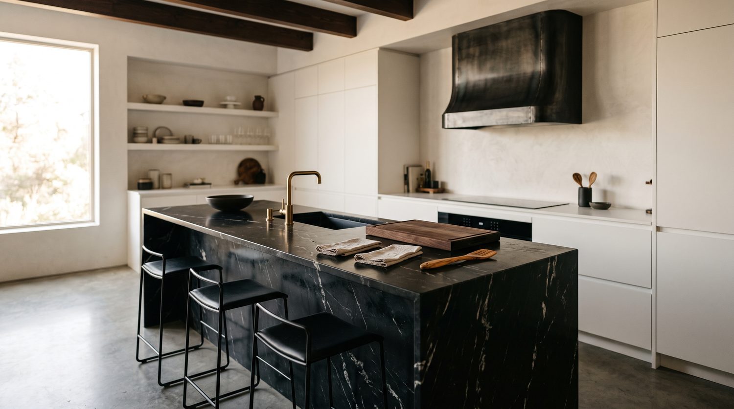 Cocina con isla de piedra negra veteada