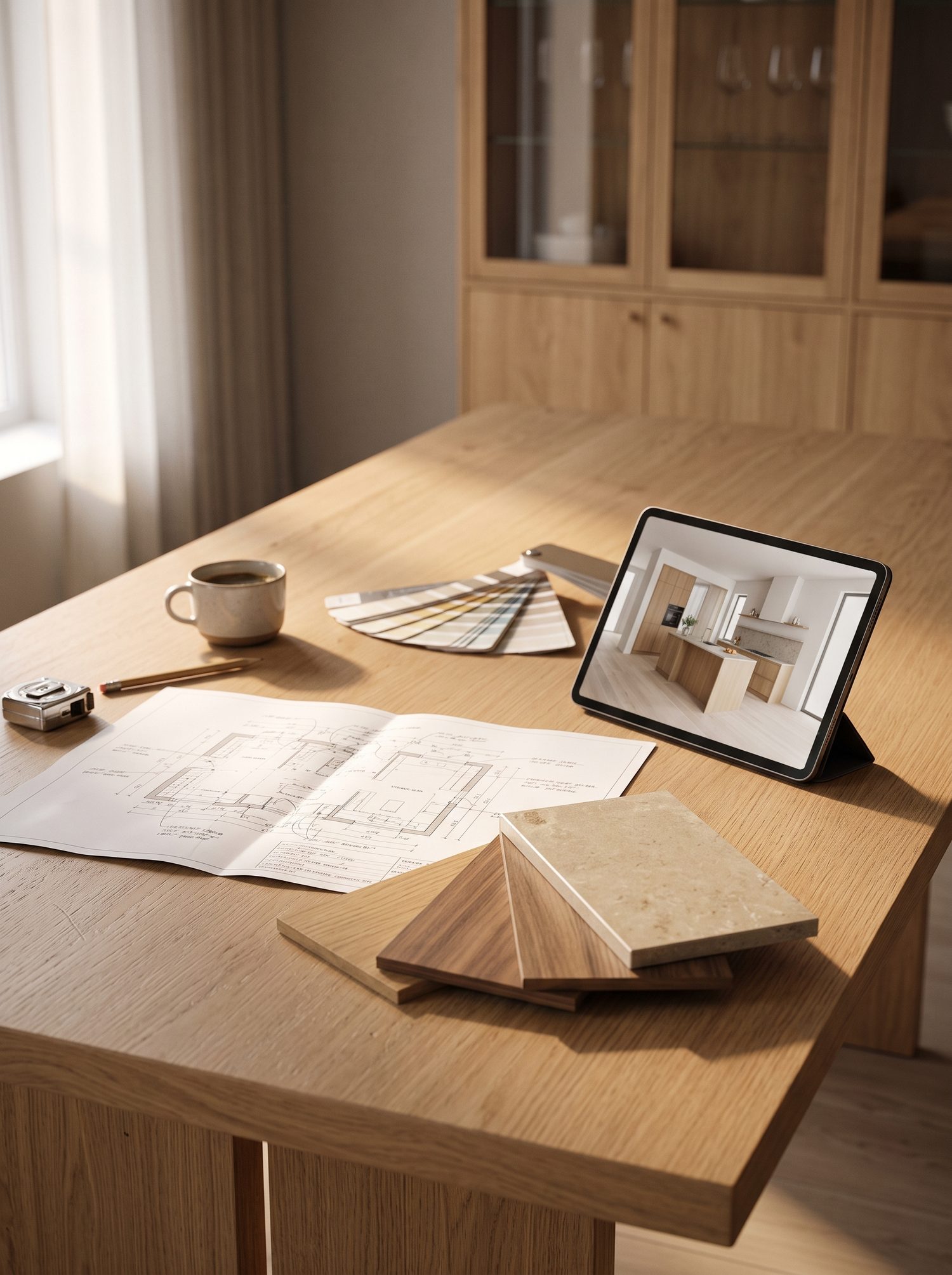 Mesa de proyecto con planos y muestras de material